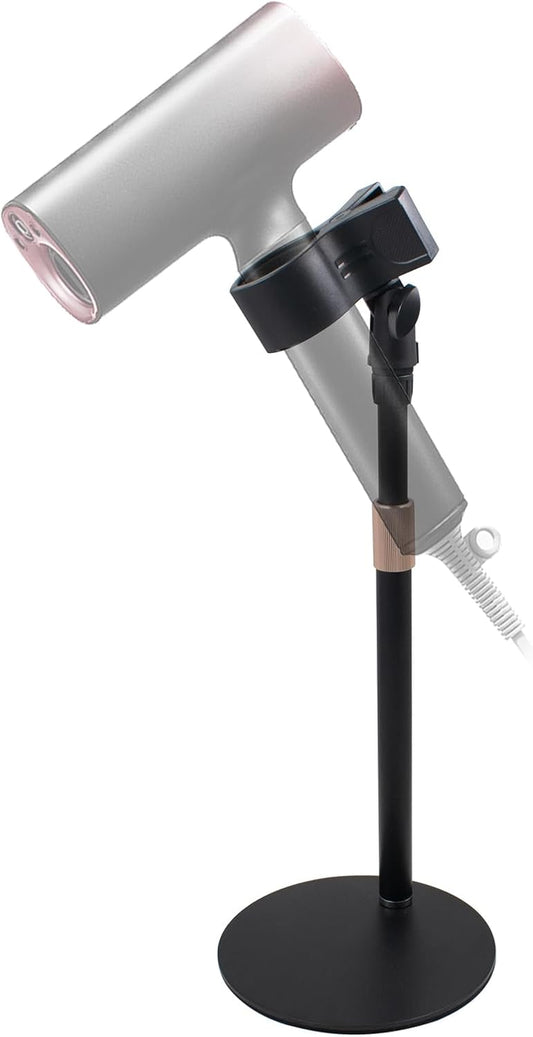 Hands Free Hair Dryer Stand, Countop Blow Dryer Holder, Height Adjustable & 360° Rotating, TPU Padded Clip, Aluminum Alloy Holder for Home Salon Vanity, Black