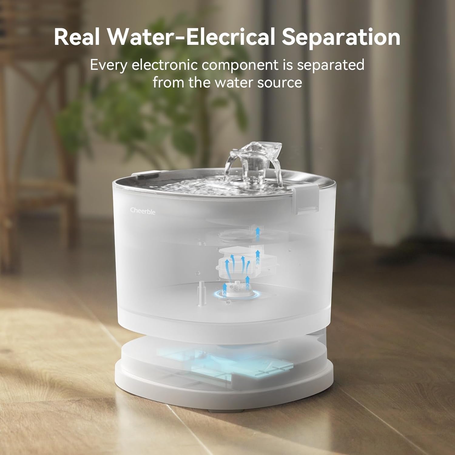 Cheerble Pumpless Cat Water Elfin Fountain, Wireless Pet Fountain Battery Operated, 2L/67Oz E1+ Automatic Water Dispenser Cats & Dogs Magdrive™ Technology Stainless Steel Tray, No Cleaning Hassle