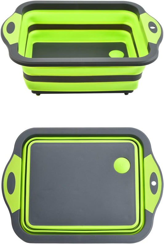 Camping Collapsible Cutting Board Dish Basin BBQ Prep Tub Camp Sink Dish Washing Station Multifunctional Storage Basket(Grey Green)