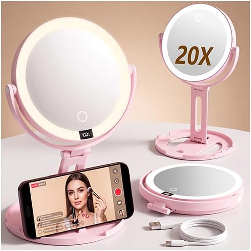 Gospire Foldable Travel Makeup Mirror with Lights, 1X/20X Magnification