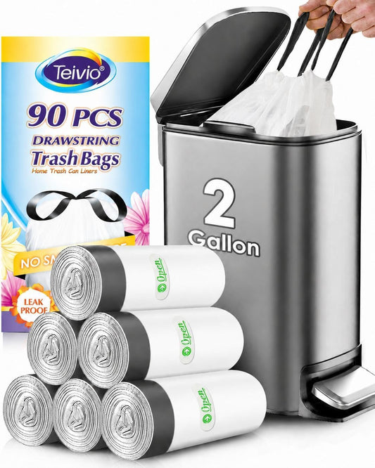 Teivio 2 Gallon Small Drawstring Trash Bags, 90 Count White Garbage Bags, Mini Plastic Bin Liners Fit 1.8-2 Gal Waste Bin for Bathroom, Kitchen, Bedroom, Office, Pet Litter, Household Daily Use