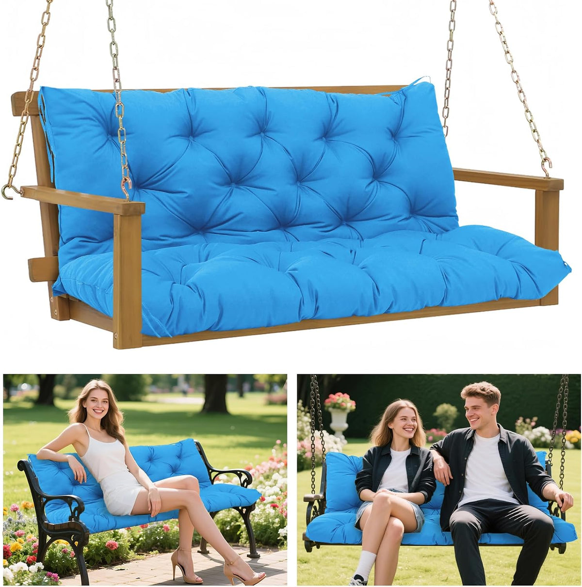 Porch Swing Cushions 60X40 Inch, 5" Extra Thick Waterproof Outdoor Swing Seat Cushion with Backrest & 8 Non-Slip Ties PP Cotton + Memory Foam Fill, Fade-Resistant 3-Seater Replacement for Patio Bench