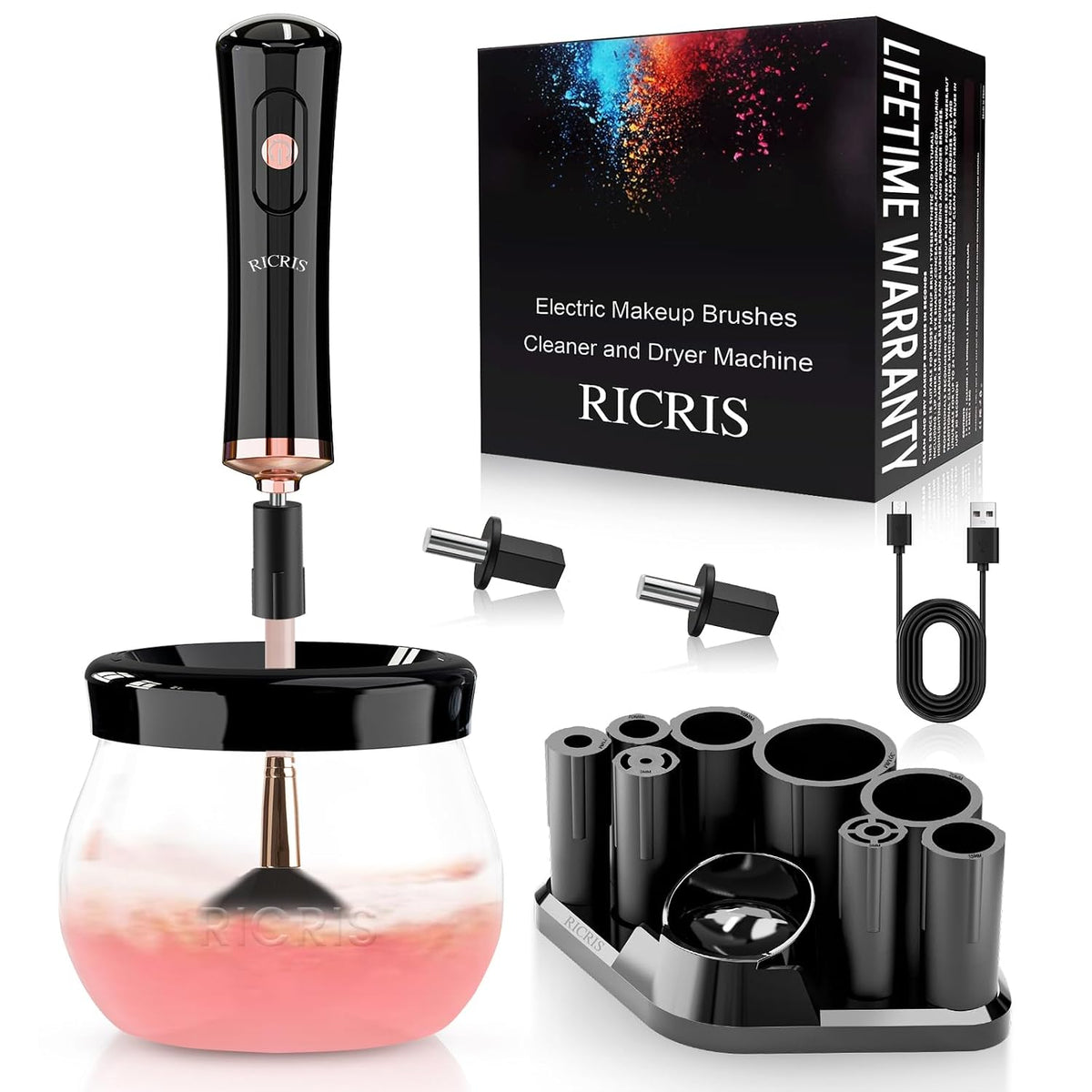 RICRIS Electric Makeup Brush Cleaner and Dryer Machine - Super Fast Clean and Dry Make up Brushes - Automatic Cosmetic Brush Spinner Washer Tools