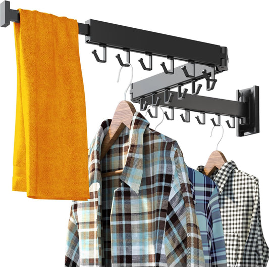 HEILAIYI Clothes Drying Rack for Laundry,Wall Mounted Clothes Hanger Rack,Folding,Retractable,Collapsible(J Shape Hooks)