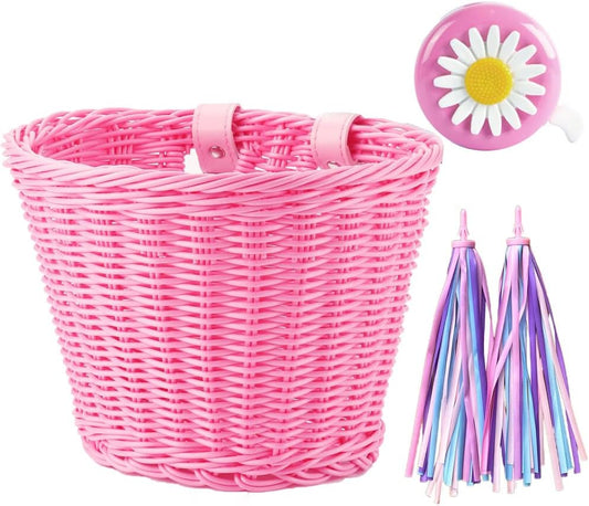 Bike Basket Kid Bicycle Basket Bike Accessories, 1Pc Bicycle Bell with Stickers, 1Pc Kid Bicycle Front Basket and 1Pairs Colorful Ribbons Tassels Decoration for Girl Boy