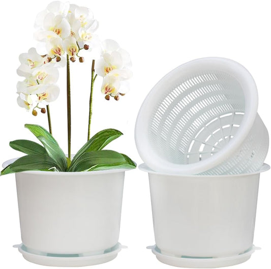 8 Inch Orchid Pots with Holes and Saucers,Double Layer Plastic Large Orchid Planter Pot,Flower Pots for Indoor Outdoor Flower Plants,Orchids,Herbs,Snake Plants and Succulents, White