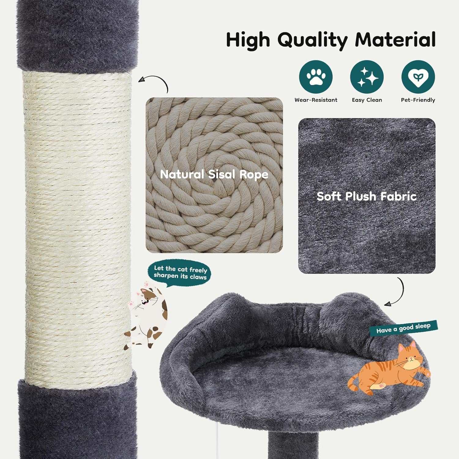 DUMOS 54-Inch Indoor Cat Tree Tower –Multi-Level Pet House for Large Cats with 2 Condos, Scratching Posts, round Platform, Small Ladder, and Toys – Perfect for Cats of All Ages, Dark Grey