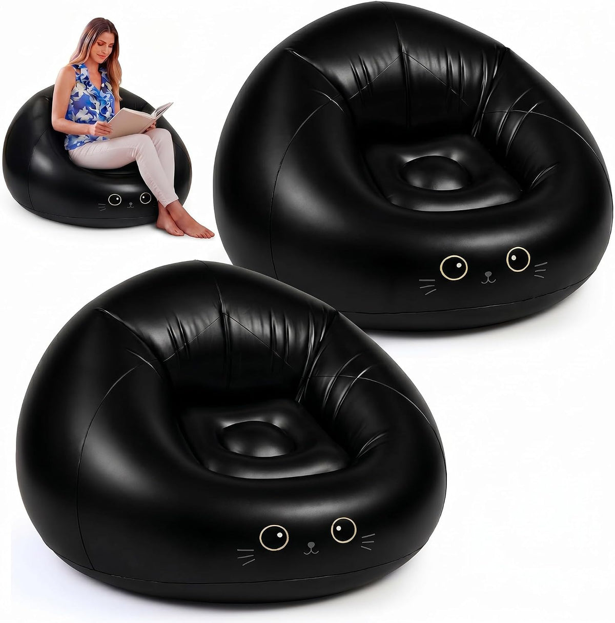 Capoda 2 Pcs Inflatable Bean Bag Chairs with Air Pump - Black Cat Blow up Beach Chairs Folding Portable PVC Lazy Sofa Inflatable Seatings for Adults Gaming Camping Movie Party Supplies