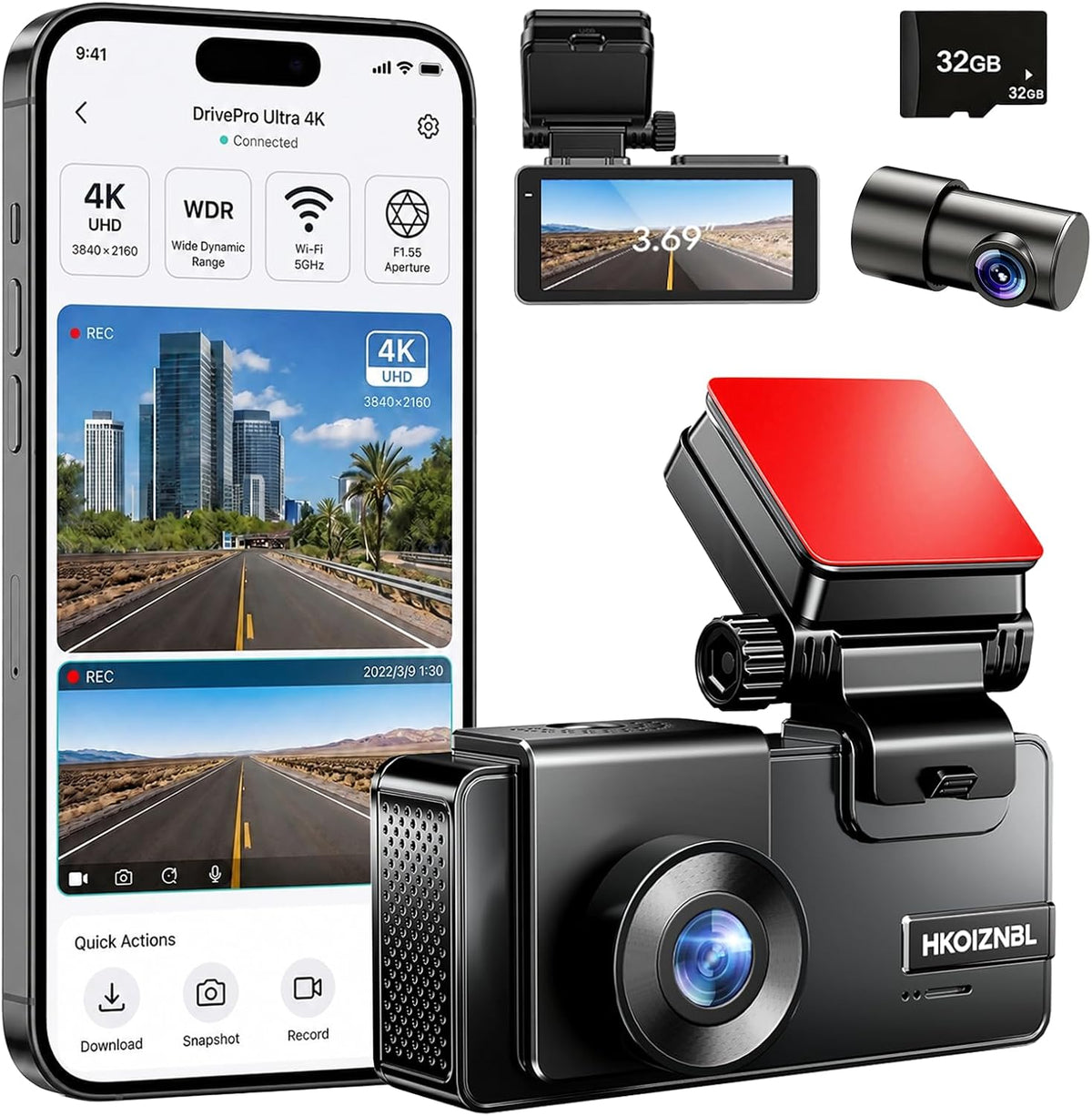 4K+2.5K Dash Cam Front and Rear,5Ghz Wifi 20Mb/S,4K Dash Cam with 32GB Card