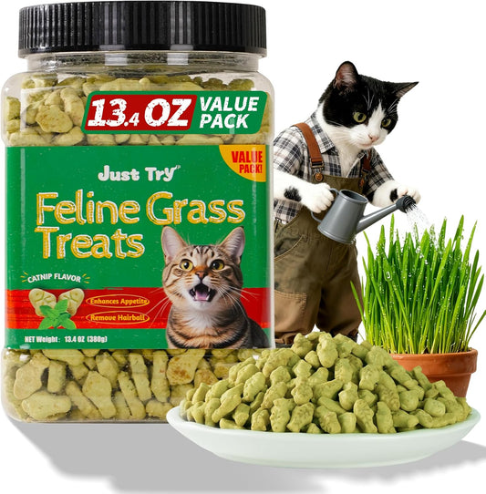 Just Try Cat Treats for Indoor Cats Hairball Control Natural Salmon Healthy Cat Grass Treats Kitten Snacks Training Biscuits Catnip for Cats Dental Care 13.4 OZ