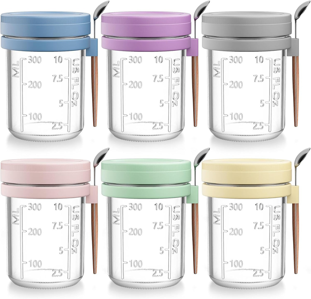 6 Pack Overnight Oats Containers with Lids and Spoons, Wide Mouth Airtight Leakproof Glass Mason Jars, Dishwasher Safe Meal Prep Containers for Breakfast, Yogurt, Salad, Fruit, Snacks