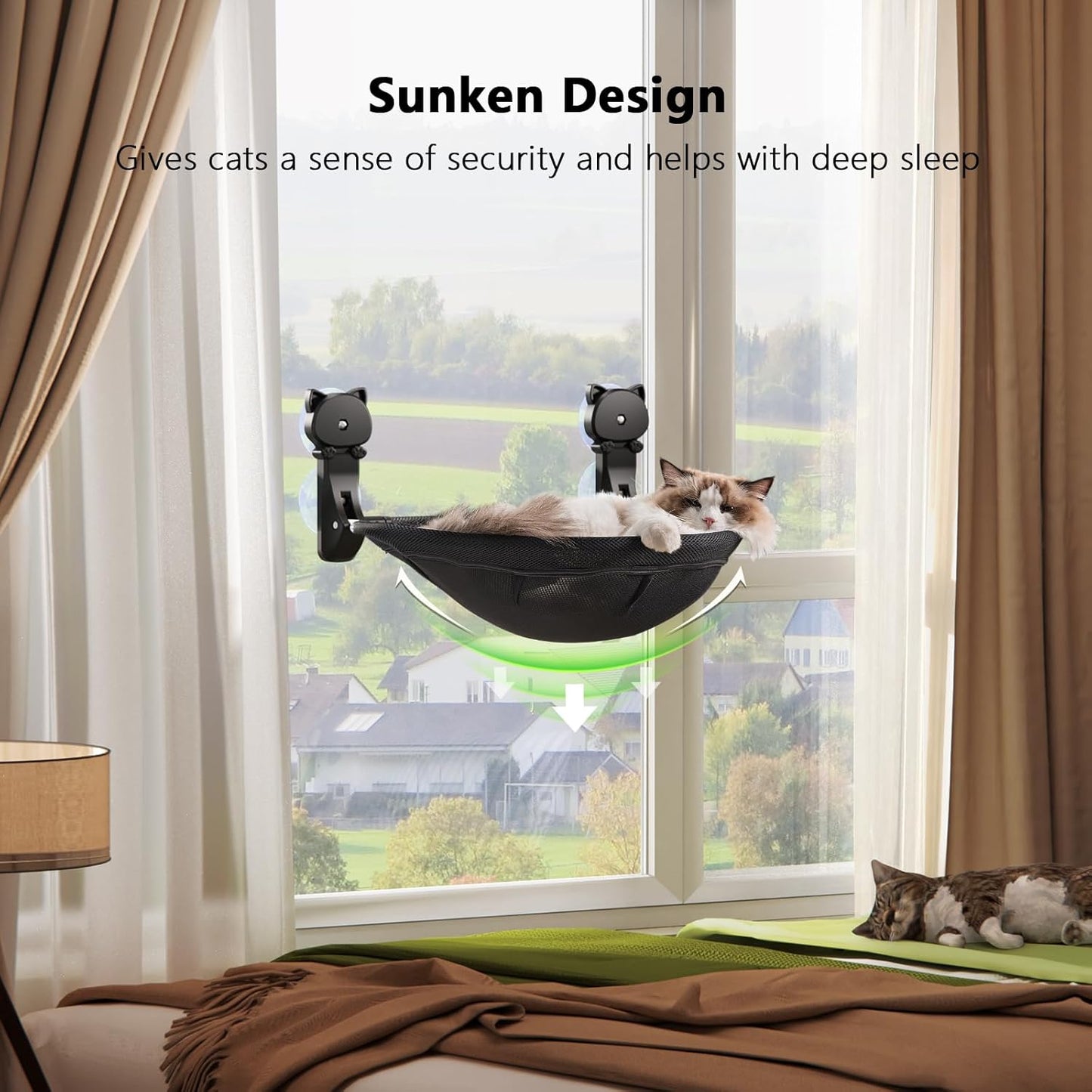 JUNSPOW Cat Window Perch Cordless, Foldable & Stable Cat Beds- Breathable Cat Window Hammock for Overlooking, Sunbathing and Climbing - Maximum Hold up to 40Lb