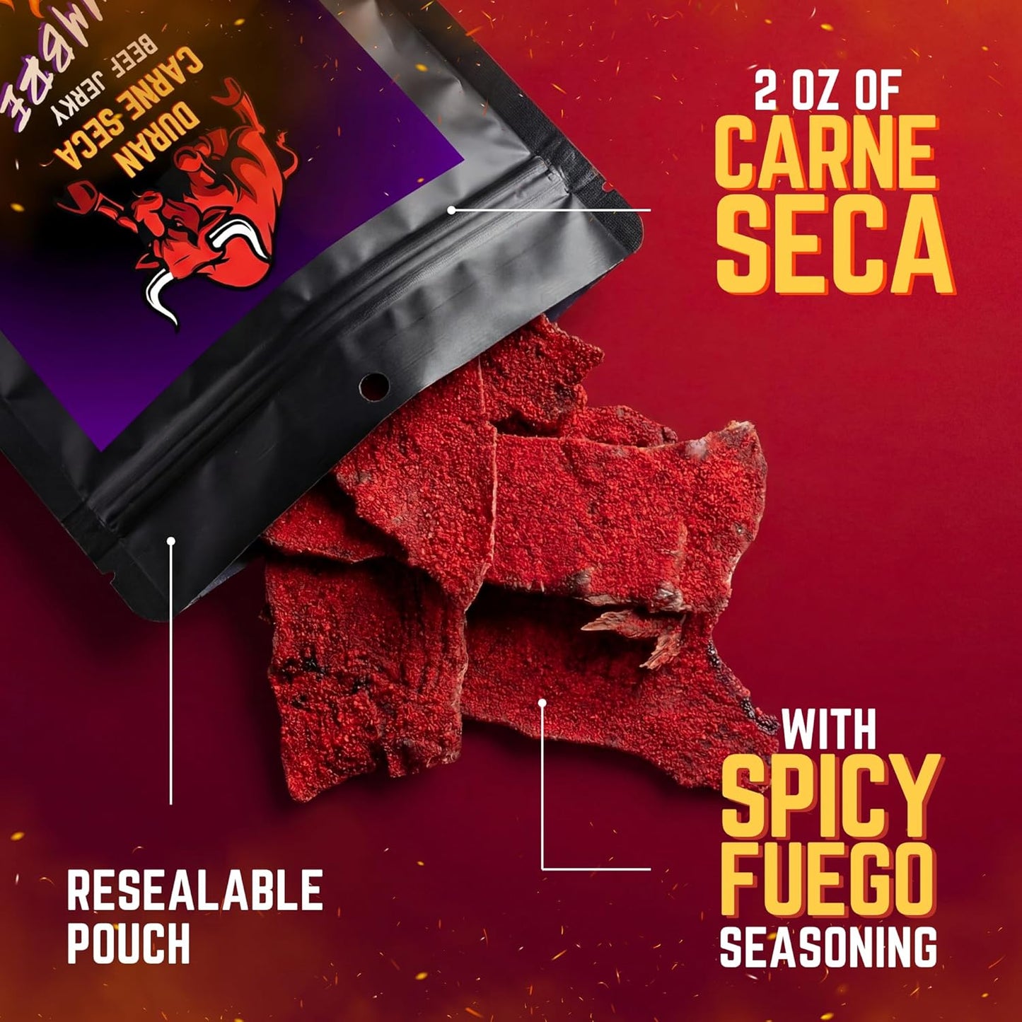Tizon Lumbre Carne Seca - Spicy Fuego Beef Jerky Snack, Premium Mexican-Style Dried Beef, 2Oz Resealable Pouch, No Added Hormones, USA Made