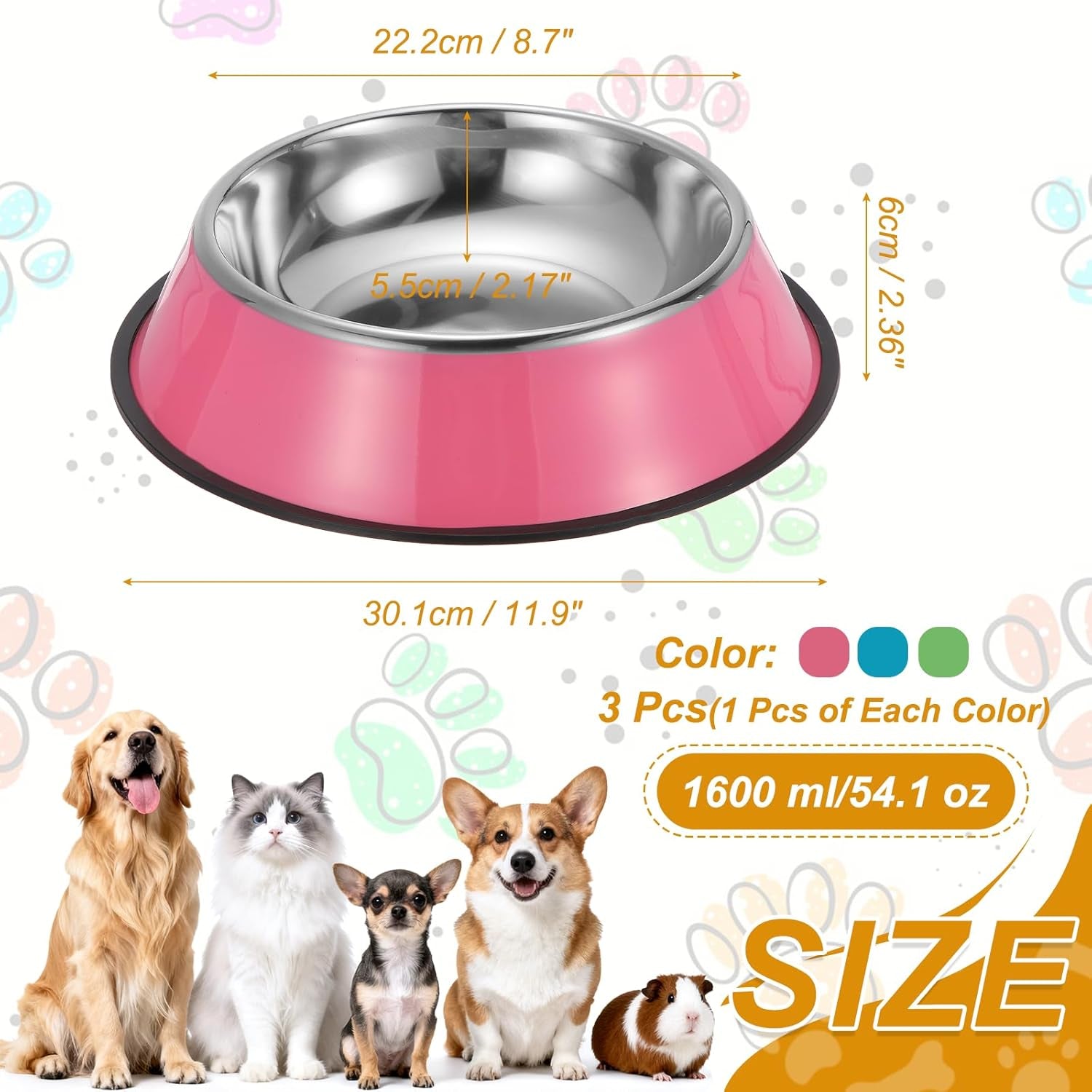 Stainless Steel Dog Bowl, Dog Food and Water Bowl with Silicone Base Anti-Slip Quiet Bottom Pet Feeding Dish,(54.1Oz, Mix Color, 3Pcs), Intended for Small/Medium/Large Puppies/Cat