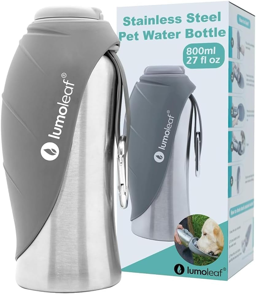 Lumoleaf Portable Dog Water Bottle 27 OZ, Stainless Steel Pet Travel Water Bottle Dispenser for Walking, Hiking and Outdoor, Portable Water Bowl for Large Dogs (Grey)