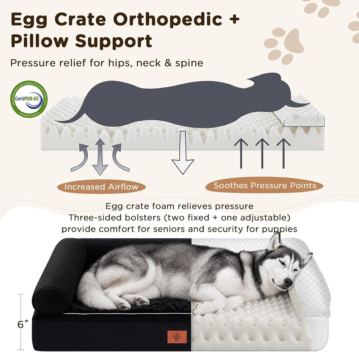 GTPLAYER Dog Bed, Egg-Crate Foam Pressure Relief with Waterproof Washable Pet Bed 43" with 2-In-1 Cooling/Warming Pad, Non-Slip Bottom, Detachable Pillows, Ideal for All Dogs