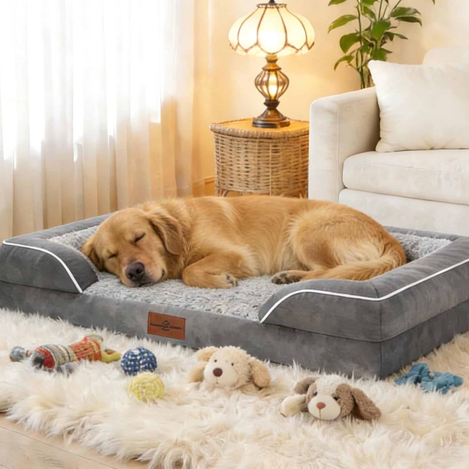 Comfort Expression Orthopedic Dog Bed for Extra Large Dogs 42X30 Inch, Waterproof Egg Crate Foam XL Pet Bed with Removable Bolsters, Dog Couch with Washable Cover & Non-Slip Bottom, Grey