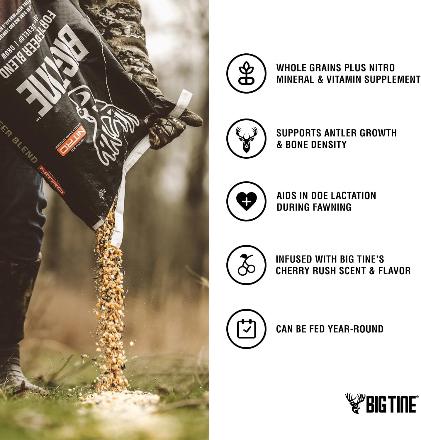 Big Tine Fortified Deer Blend, 10 Lbs, Cherry Rush Flavor, Whole Grain Feed, Nitro Mineral Formula, Nutritious, Packed with Vitamins and Minerals, Supports Antler Growth, Gravity or Ground Feeding