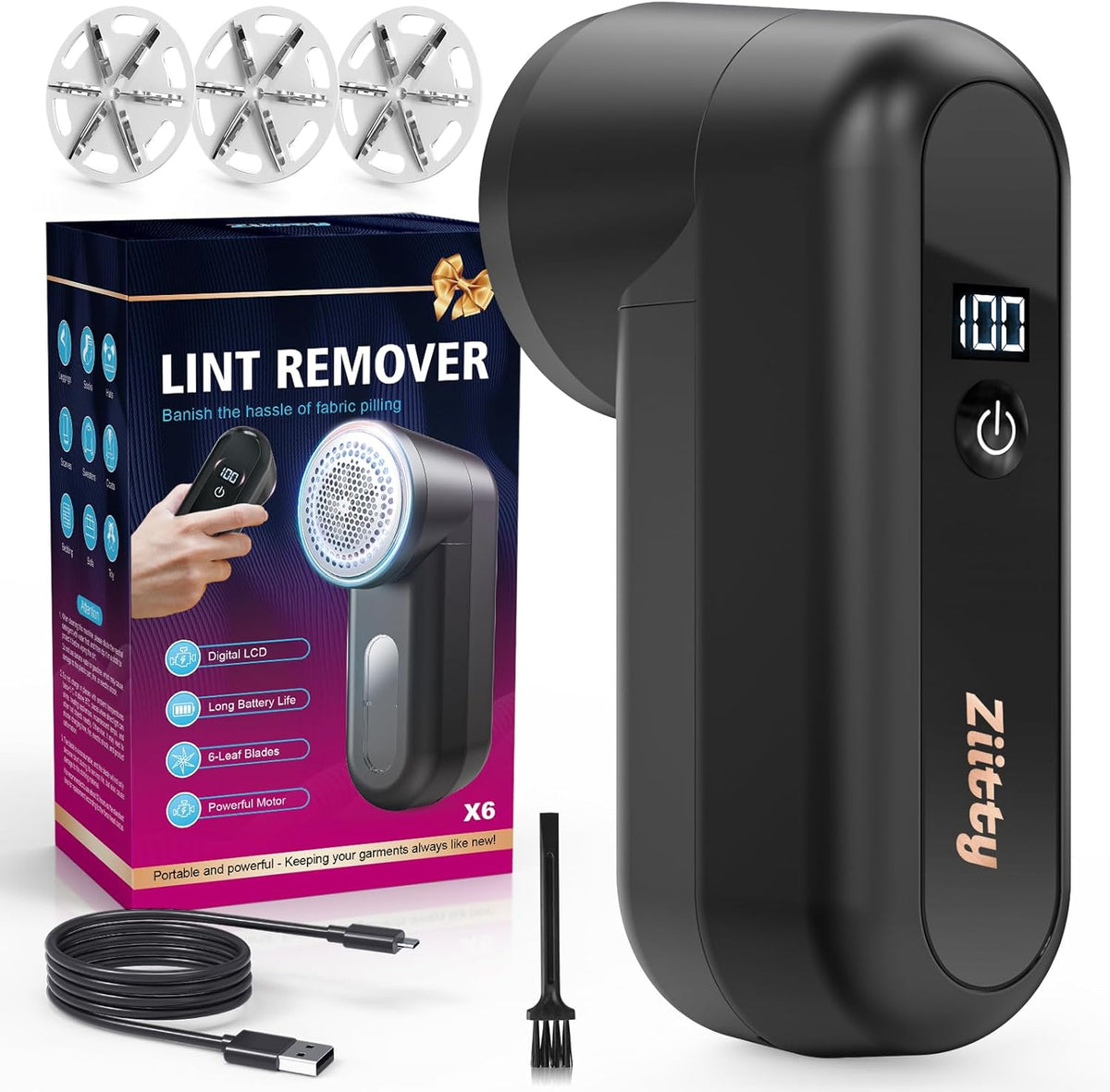 Fabric Shaver, Ziitty Lint Remover for Clothes, Type-C Rechargeable Lint Shaver with LCD Display & 6-Blade, Sweater Shavers to Remove Pilling，Fuzz Remover Fabric Shaver for Clothing and Furniture