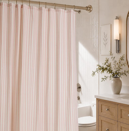 Vintage Pink Striped Fabric Shower Curtain for Bathroom, 72X72 Inches, Rustic Farmhouse Cotton Blend Cloth Shower Curtain, Boho French Country Cottagecore Style, Non-Waterproof Decorative Curtain