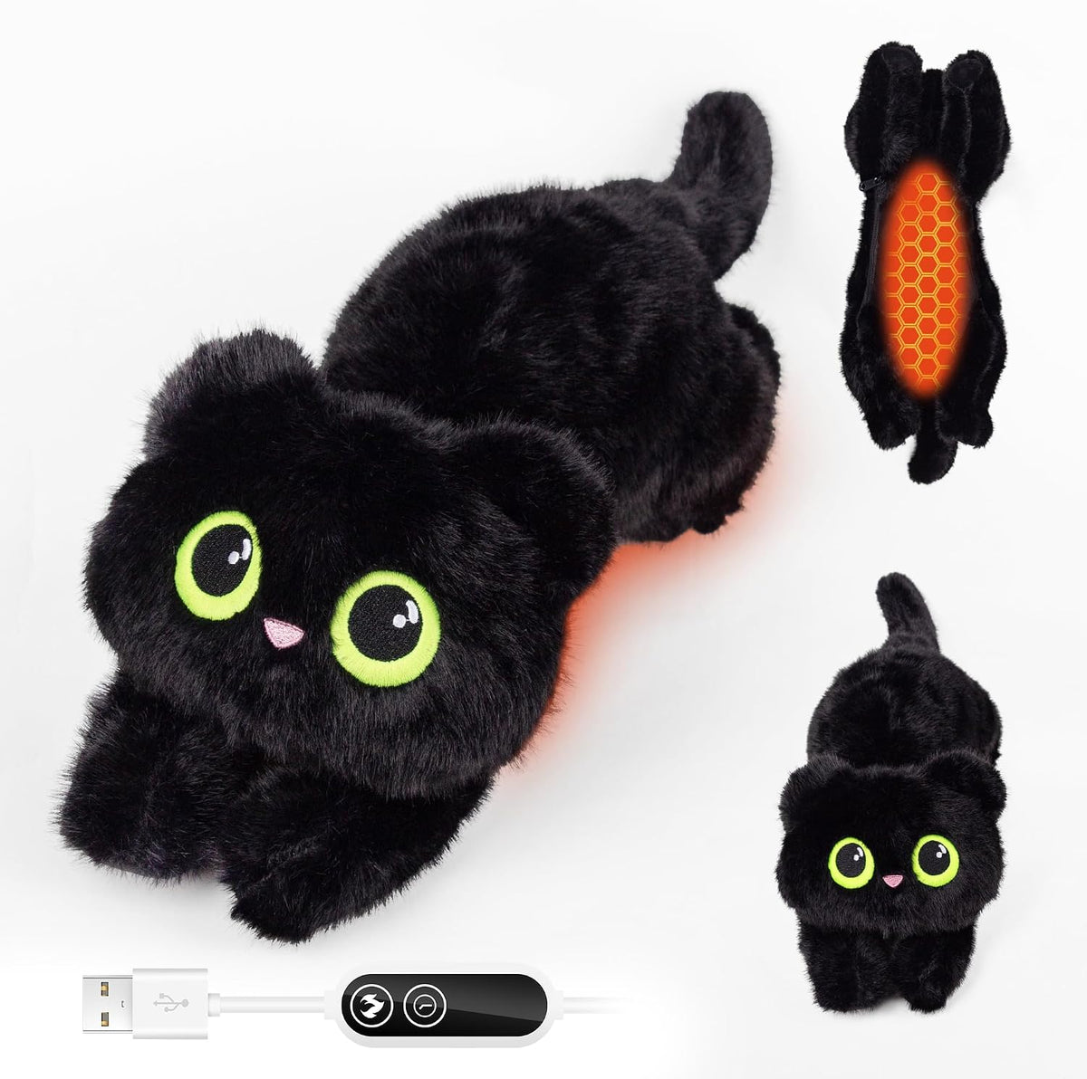 Black Cat Heating Pad Plush, USB Electric Warm Cushion with Timer for Women