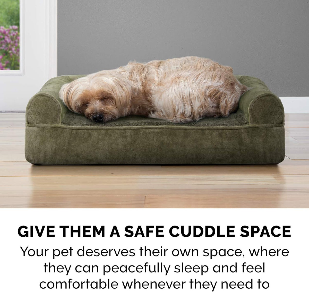 Furhaven Orthopedic Dog Bed for Large Dogs W/ Removable Bolsters & Washable Cover, for Dogs up to 125 Lbs - Faux Fur & Velvet Sofa - Dark Sage, Jumbo Plus/Xxl