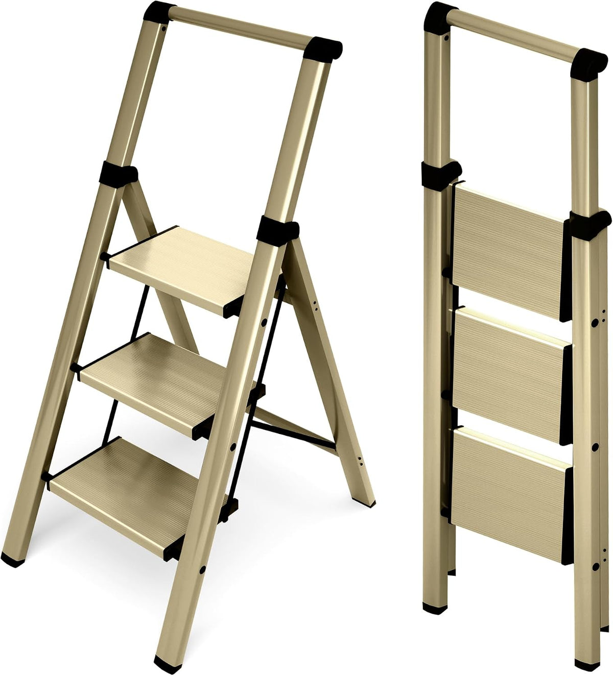 Hillhutapex Aluminum 3 Step Ladder, Step Stool Foldable Ladder(Gold)