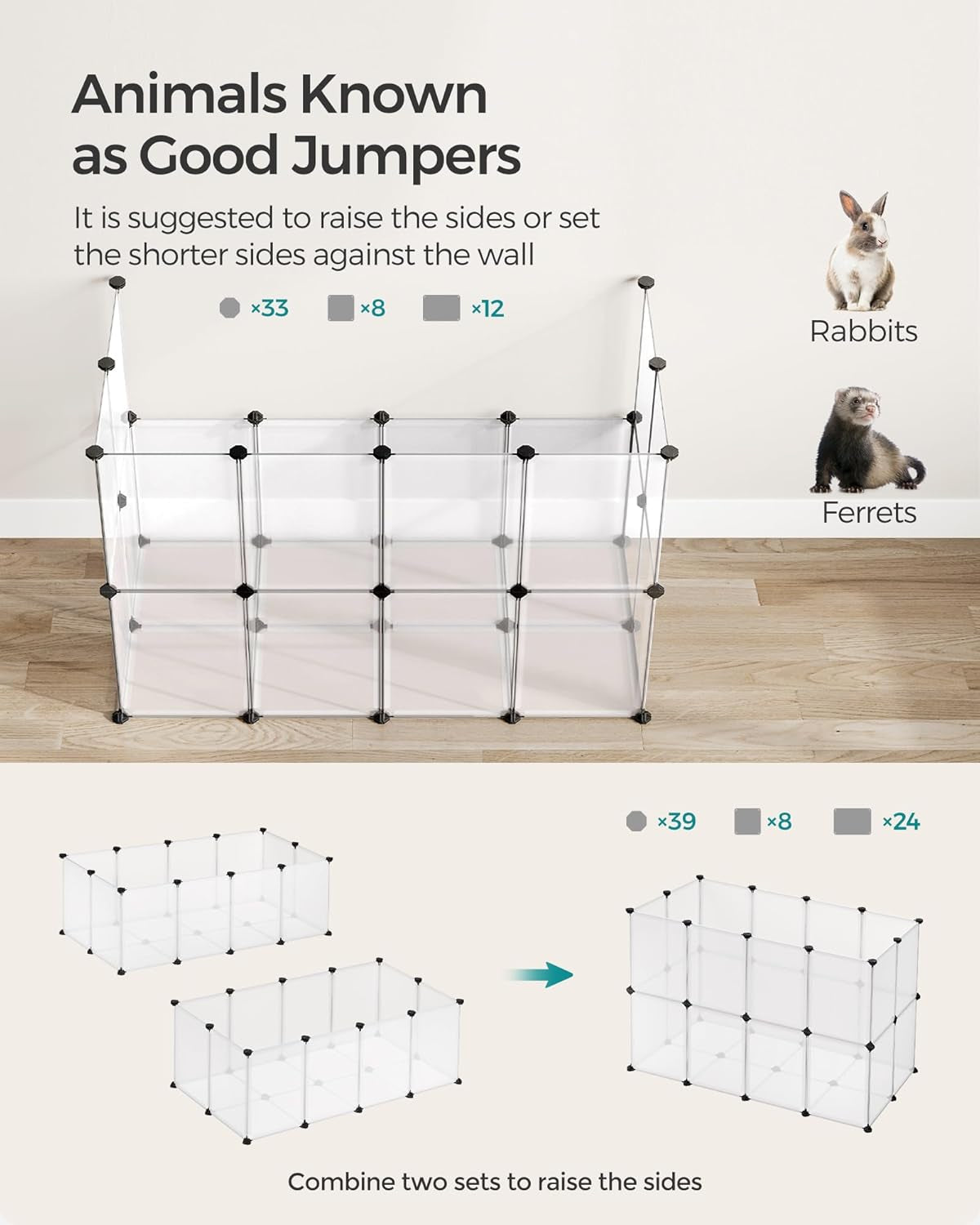SONGMICS 20 Panels Pet Playpen with Floor, Small Animal Playpen, Pet Fence Indoor, DIY Plastic Enclosure for Guinea Pigs, Bunny, Hamsters, Hedgehogs, 49.2 X 24.8 X 16.5 Inches, White ULPC001W01