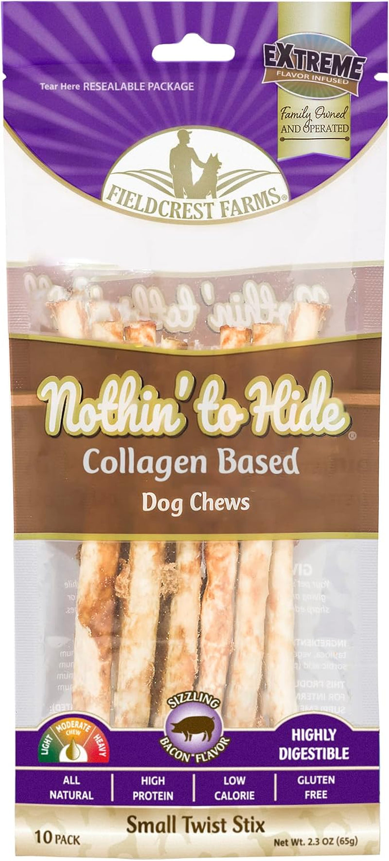Fieldcrest Farms Nothing to Hide Natural Rawhide Alternative Twist Stix for Dogs - 3 Pack (30 Sticks) Premium Grade Easily Digestible Chews - Great for Dental Health (Bacon, Small Stix)