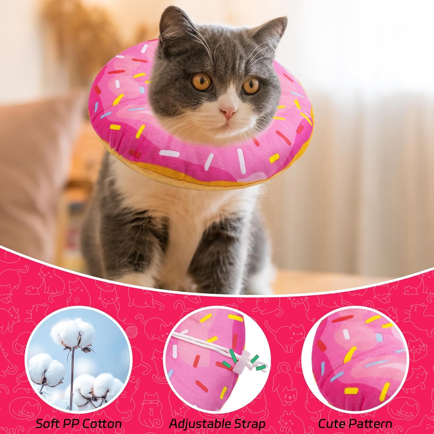 Seyezo Cat Cone Collar Soft, Adjustable Cat Recovery Collars Spay Cones to Stop Licking, Cute Donut E Collar after Surgery, Anti-Lick Wound Healing Elizabethan Collar for Kittens (Donut Pink, Small)
