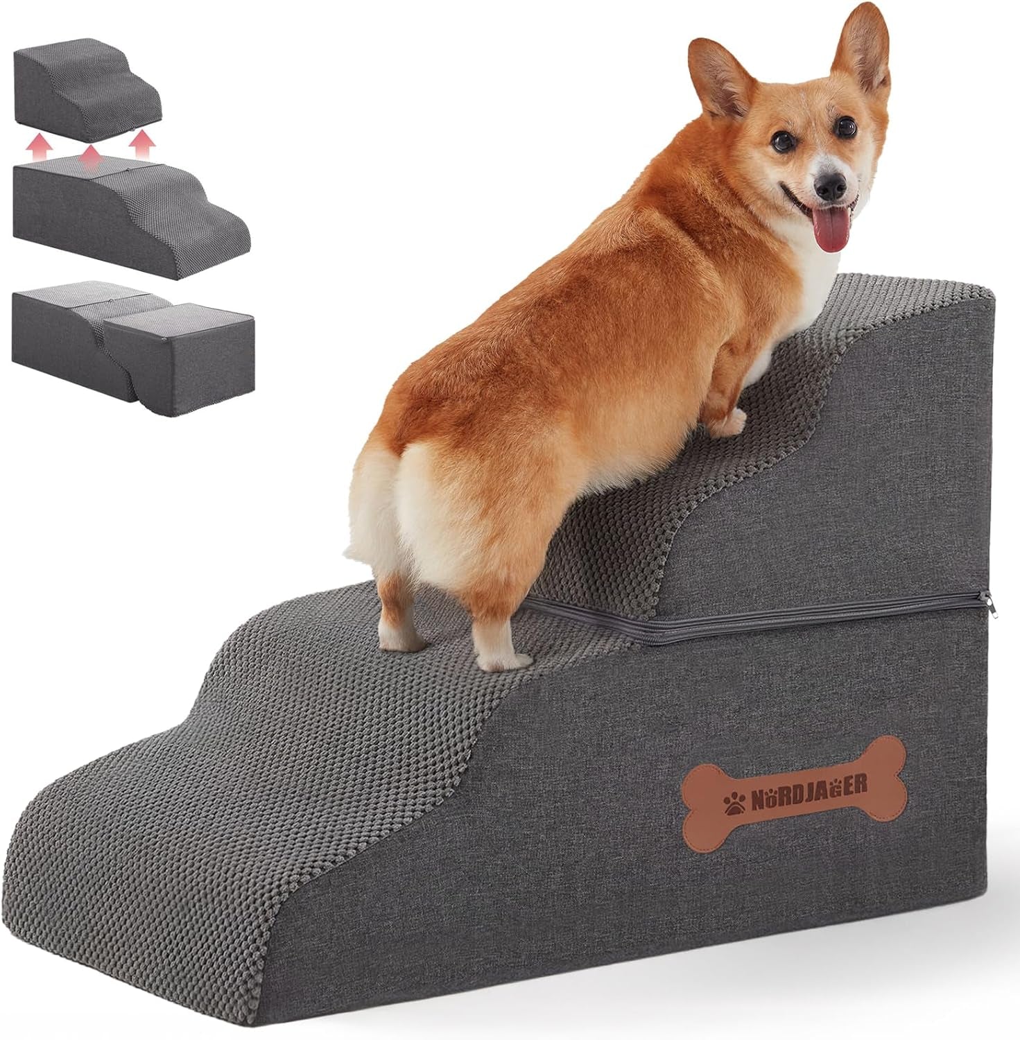 Dog Stairs 4 Steps for Small Dogs and Cats to Get on High Beds, Couch or Car, Pets Can Climb, Sit, Lie down or Perch to Look Out Windows on the Spliceable Ramp, Provides Support, Grey（19" H）