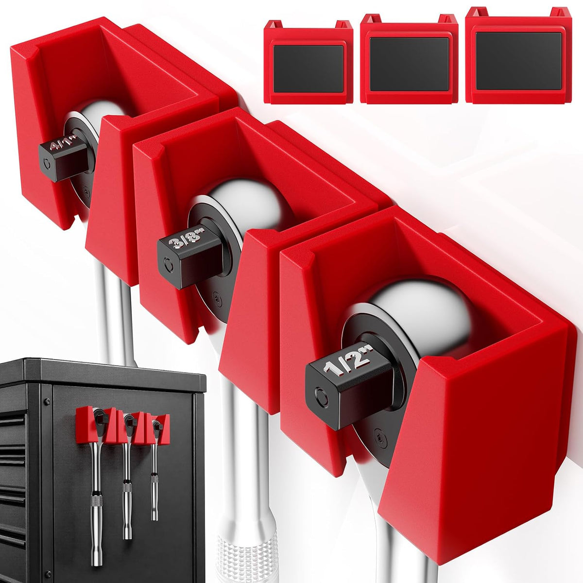 Magnetic Wall-Mount Ratchet Organizer Kit, 3-Pack for 1/4", 3/8", 1/2"