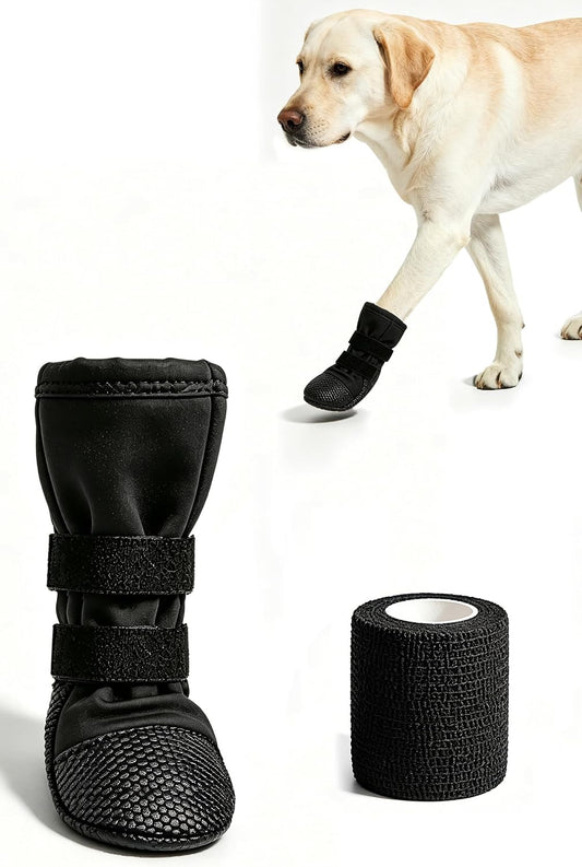 Dog Paw Wound Recovery Boot with Self-Adhering Pet Bandage, Breathable Paw Protector Kit for Injured Paws,Anti-Slip Shoe & Vet Wrap for Post-Surgery Care, Licking Prevention (1 Boot+1 Roll) M