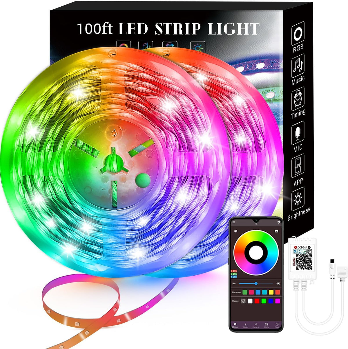 Lcutml 100FT Smart LED Strip Lights , RGB Strip Lights Sync to Music with 40 Key Remote Controller LED Lights for Bedroom, Christmas Lights Decration (Multi-Colored, 100FT)