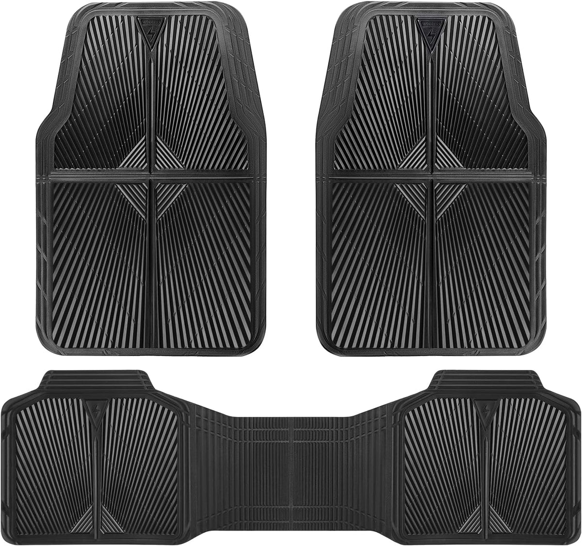 CAR PASS Rubber Floor Mats, All Weather Waterproof Trim-To-Fit Automotive Mats for Cars Trucks SUV, Anti-Slip Easy Clean, Heavy Duty Full Set 3-Piece, All Black