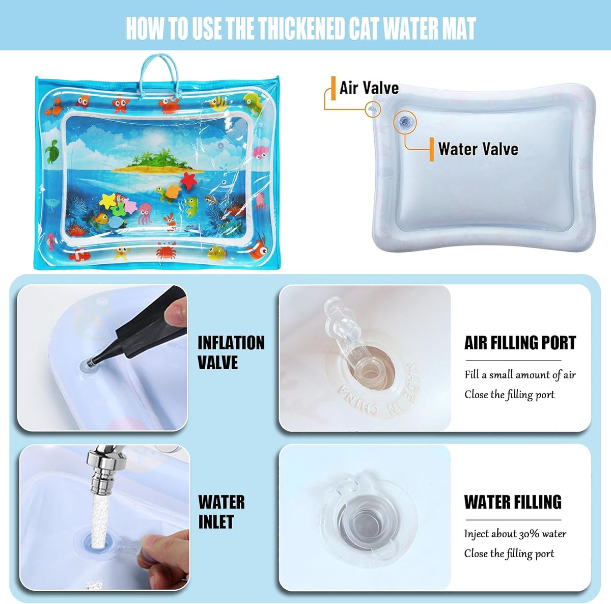 Cat Water Mat with Protective Bag, Scratch Resistant Thickened PVC Water Play Mat, Summer Cooling Interactive Water Filled Mat, Portable Foldable Paw Proof Cat Toy Mat for Indoor Outdoor (A)