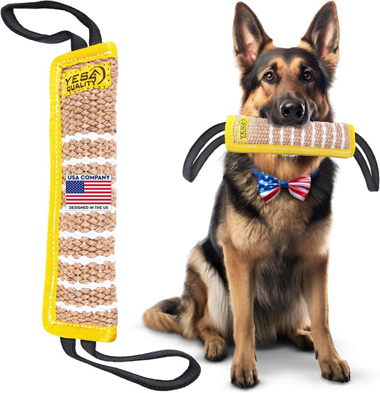 Dog Bite Tug Toy 12 X 3.2 Inches - Durable Pull Toy with 2 Soft & Strong Handles - Tough Jute Bite Pillow for Medium to Large Dogs - Ideal for Tug of War, Fetch, K9, Puppy Training & Interactive Play