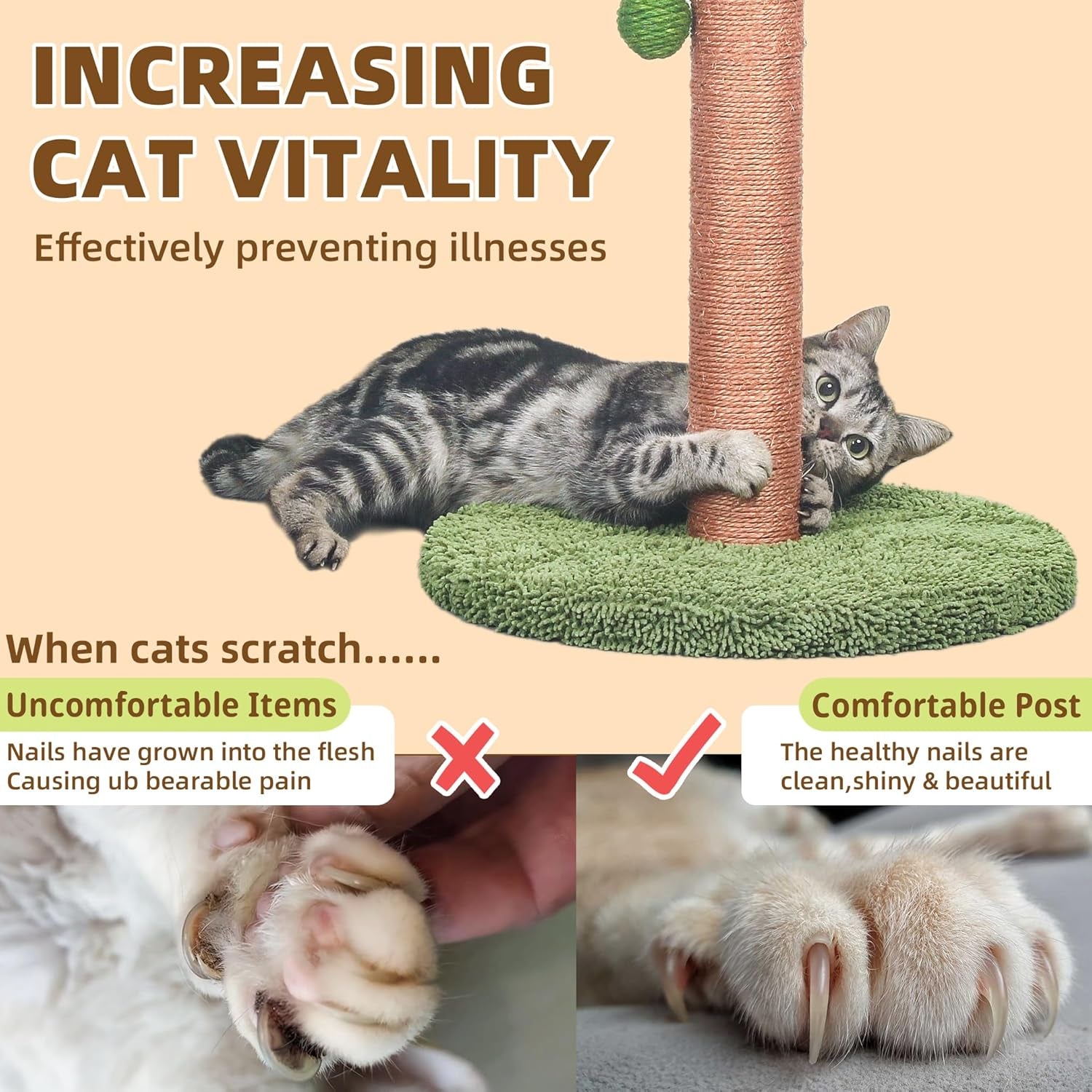 Meowoou Cat Scratching Post 33 Inch Tall Cat Scratcher for Indoor Cats Adults,Small Cat Tree Tower Sisal Rope Kitten Scratch with Interactive Hanging Ball