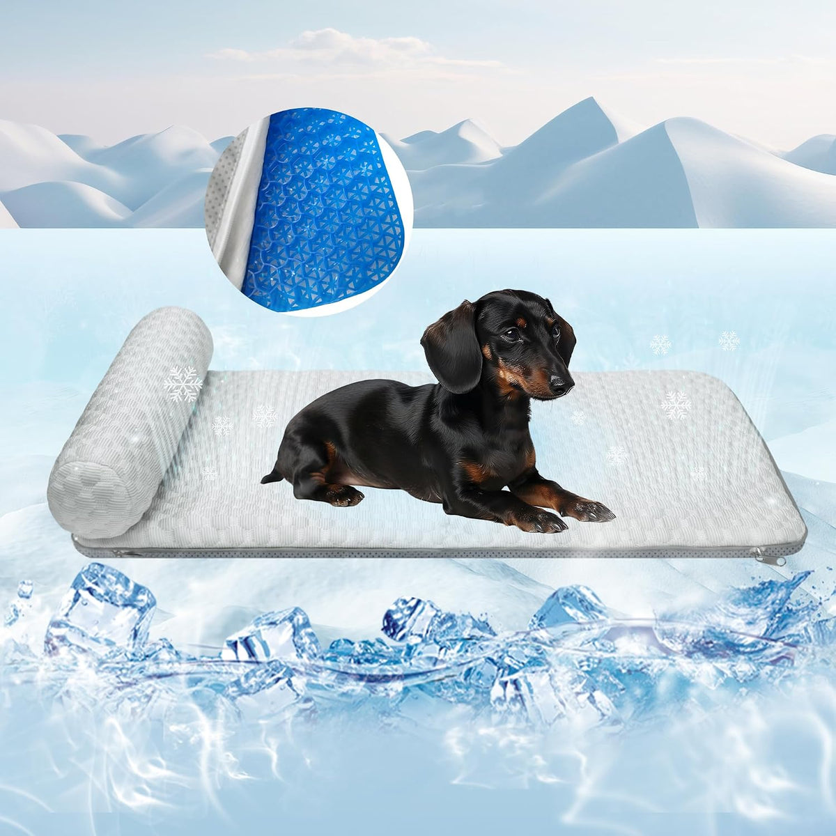 Dog Cooling Mat with Detachable Pillow - Pressure Relief Gel Pet Cooling Bed, Washable Cool-Tech Fabric Cooling Pad for Small Medium Dogs Cats, Summer Sleep Mat for Floor, Sofa, Car
