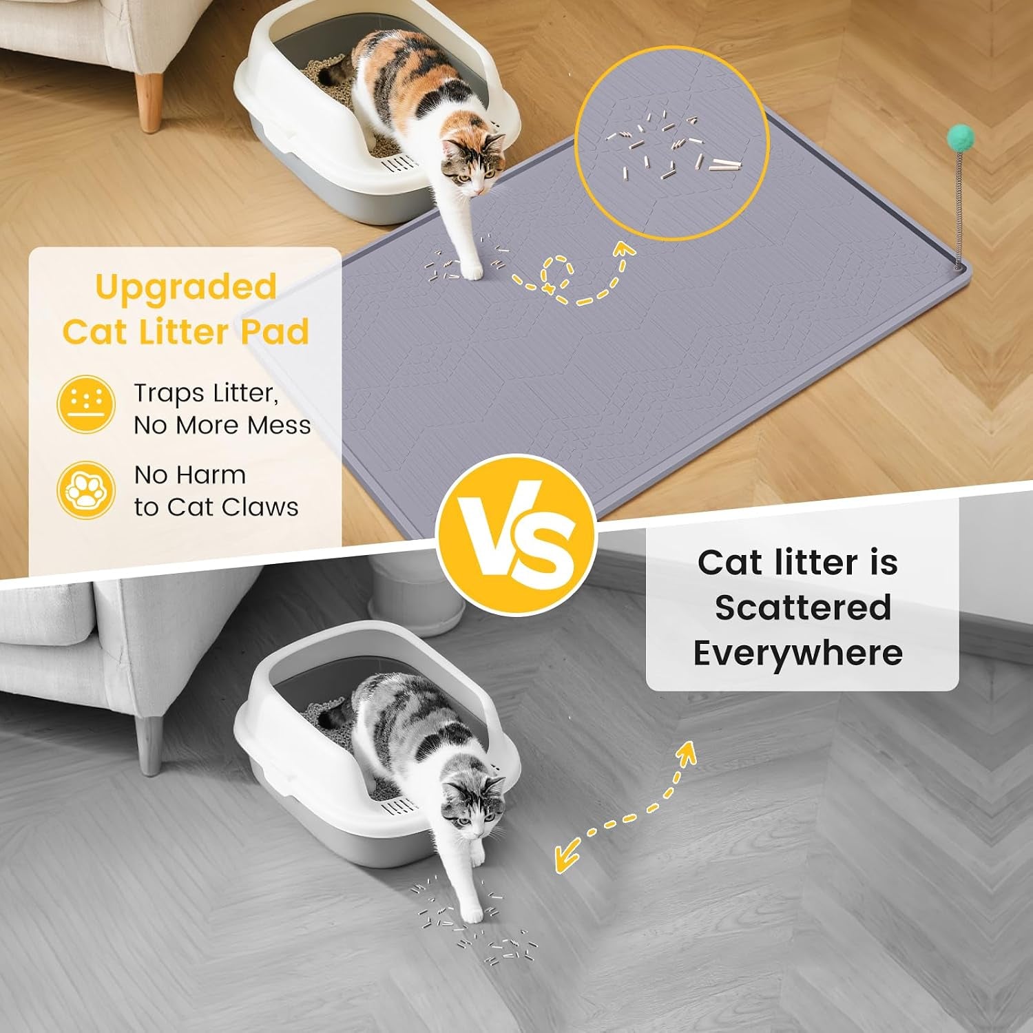 Silicone Cat Litter Mat with Toy, 38X25 Inch Large - Waterproof, Easy Clean Trapping Mat for Kitty Litter Box, Non-Slip Litter Box Mat for Hardwood Floors & Carpet Protection (Grey)