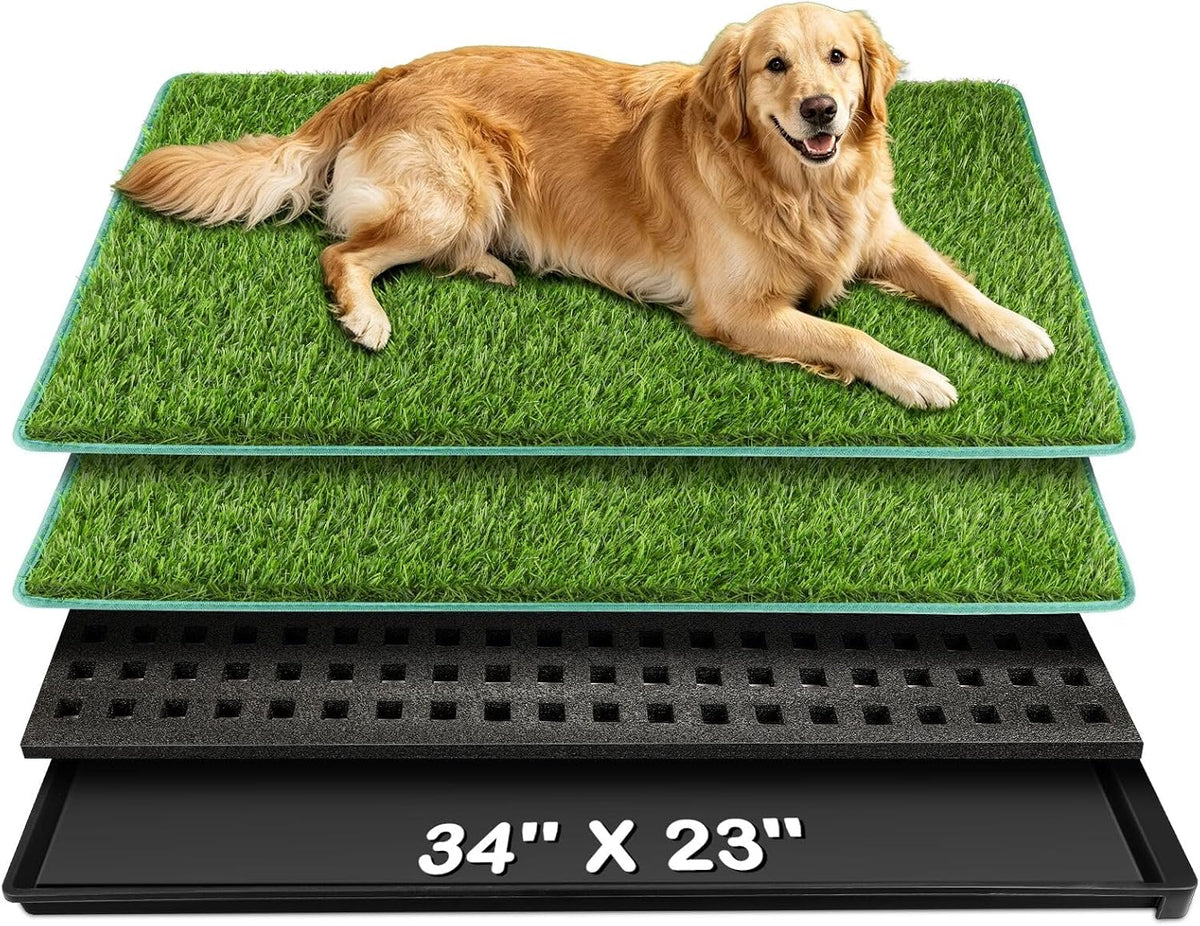 Dog Grass Pad with Tray 34X23In, 2 Pack Artificial Grass for Dog Litter Box, Leak-Proof Dog Potty Tray with EPE Foam Pad & Hemmed‑Edge Turf Mat, Faster Drainage Odorless Easy Clean, Indoor Outdoor Use