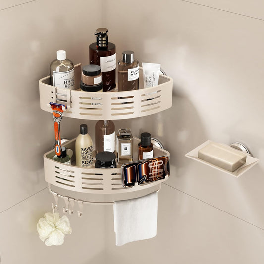 Shower Organizer Suction Cup Corner Shower Caddy with Soap Holder Rust Proof Shower Shelf for inside Shower Shower Shampoo Holder with Removable Towel Bar & Hooks(2-Pack,White)
