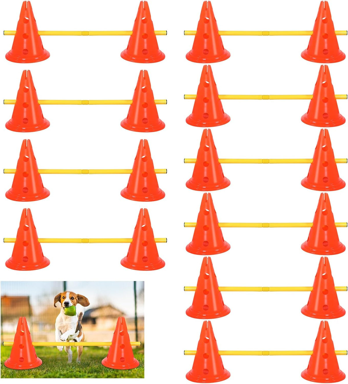 10 Sets Dog Agility Hurdle Cone Set 20 Pcs Exercise Cones with 10 Pcs Rods Adjustable Obstacle Portable Agility Training Equipment Canine Pole(Orange and Yellow)
