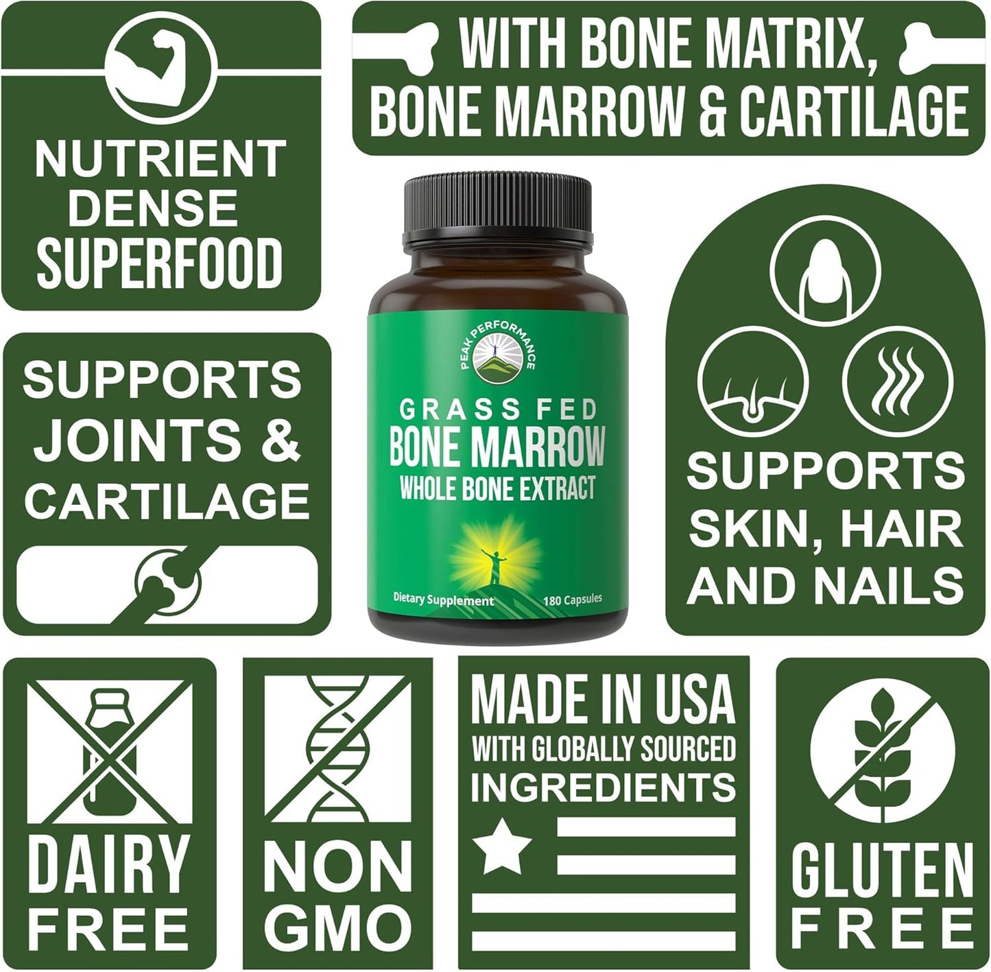 Peak Performance Grass Fed Bone Marrow - Whole Extract Supplement 180 Capsules - Superfood Pills Rich in Collagen, Vitamins, and Amino Acids - from Matrix Cartilage - Ancestral Tablets