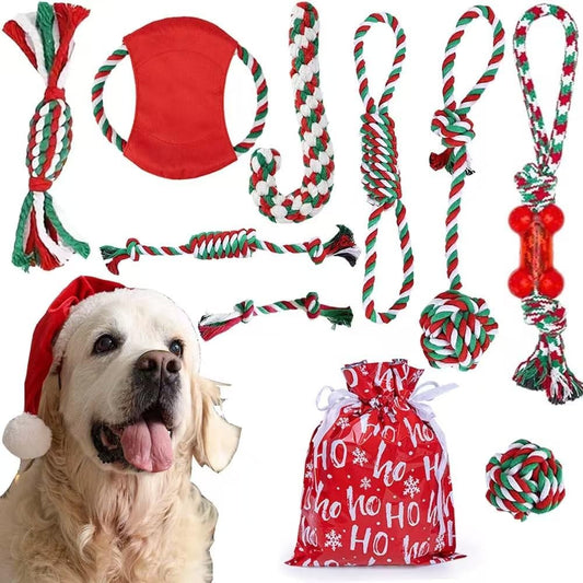 Christmas Dog Rope Toys 9 Pack, Interactive Christmas Doggie Chew Indestructible Grinding Teeth Toys Gift Set, Durable Cotton Rope Stocking for Small to Large Interactive Dog Chewing Toy