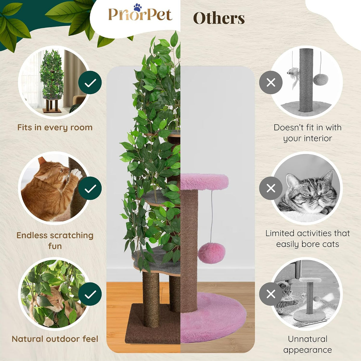 Cat Tree with Leaves – Stable & Space-Saving Design – 4 Scratch Levels & 5 Scratching Posts – for Climbing, Hiding and Sleeping – Easy to Assemble – Durable Cat Trees for Indoor Cats – Natural Look