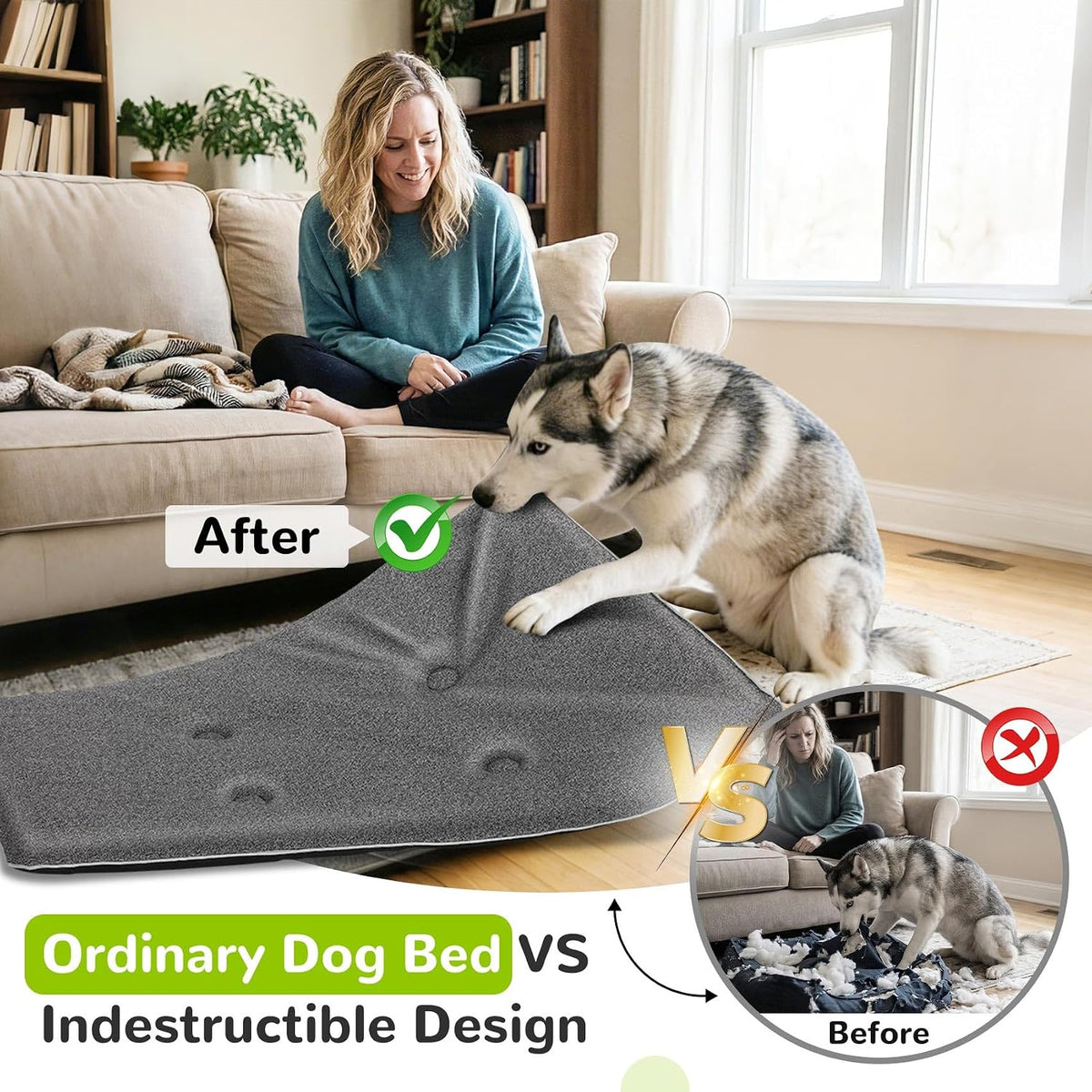 Indestructible Chew Proof Dog Bed, Heavy Duty Dog Crate Pad for Aggressive Chewers, Rip-Resistant Kennel Mat, Machine Washable Durable Pet Bed for Indoor Outdoor Use (L:41X27In)