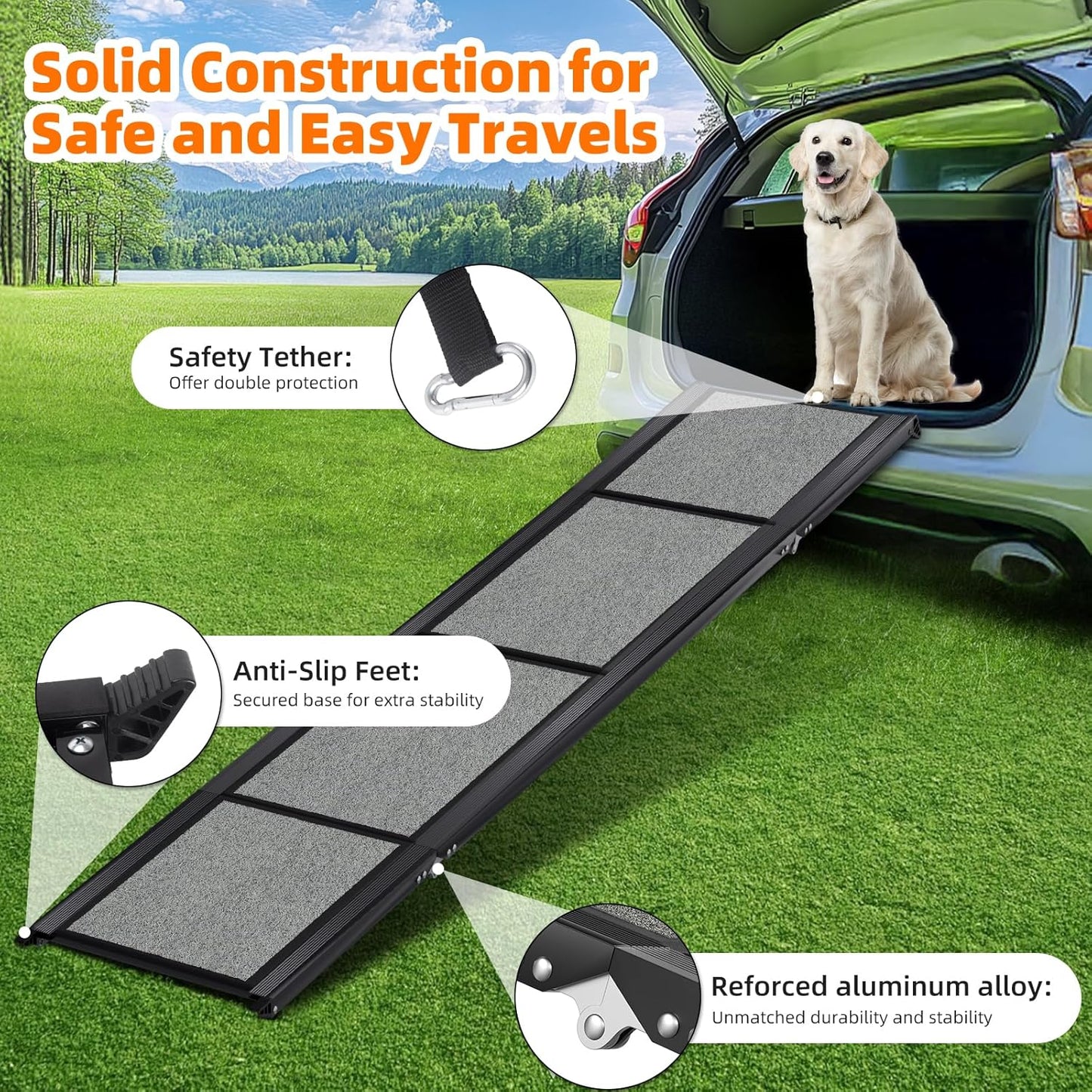 Dog Ramp for Car 𝟕𝟏”𝐱𝟐𝟎” Large Folding Pet Stair Ramps for Truck, SUV, with Non-Slip Surface, up to 250LBS, Outdoor Dog Car Ramp for Medium & Large Dogs, Portable Pet Steps