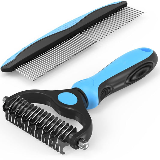 Pet Grooming Combo Kit, 2 Pack Dematting Comb & Stainless Steel Pet Comb, Dog Brush for Shedding & Mats Tangles, Pet Hair Grooming Tool for Dogs Cats with Long & Short Hair