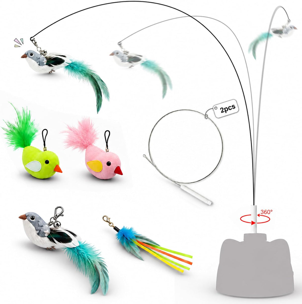 Cat Wand Toy Refill Set: 2 Rods, 3 Feather Birds & 1 Colorful Ribbon